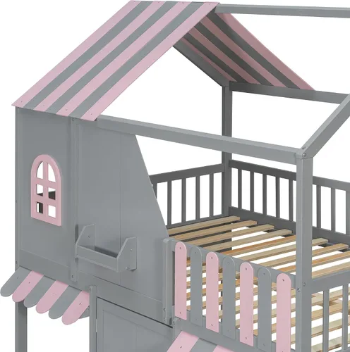 Vista 8 de Harper & Bright Designs Litera de casa completa con escalera de almacenamiento y estantes, marco de cama de madera con diseño de casa
