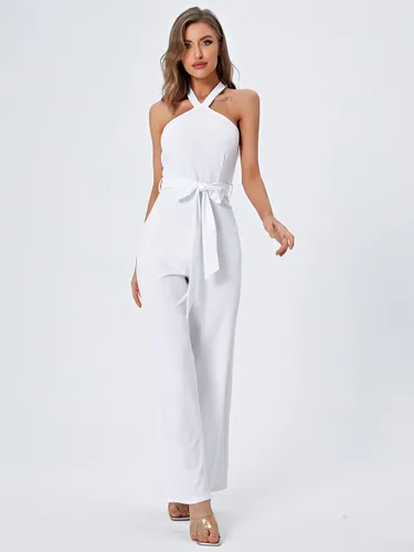 Vista 4 de WDIRARA Enterizo elegante sin mangas para mujer, sin mangas, con cintura alta, cinturón y pierna ancha, con espalda descubierta, elegante