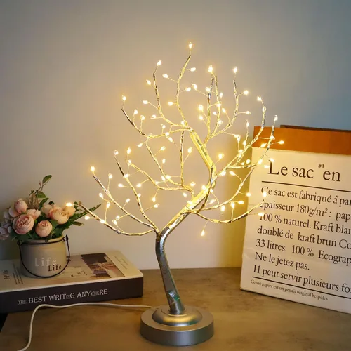 Vista 3 de Lámpara de mesa de árbol de hadas de color blanco cálido, árbol de Navidad con ramas iluminadas con luces brillantes, funciona
