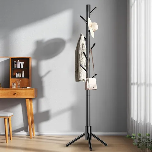 Vista 7 de Aliphon Perchero de madera, perchero independiente con 8 ganchos, árbol de abrigos ajustable de 3 tamaños para sombreros, abrigos, bufandas