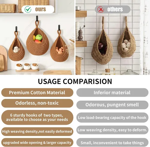 Vista 3 de Cestas de frutas bohemias para colgar en la pared para cocina, paquete de 3 soportes tejidos con 6 ganchos fuertes, cesta colgante de verduras
