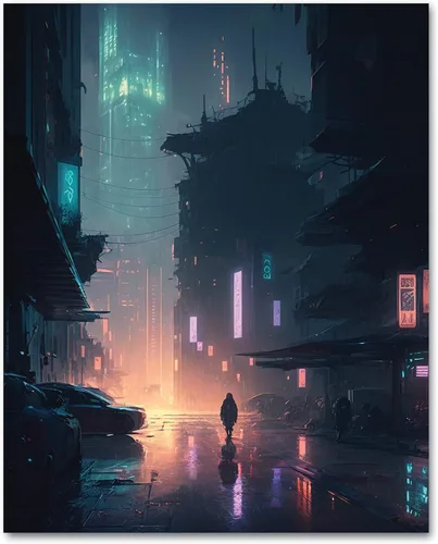 Vista 7 de My Vinyl Story Póster impreso de Ciudad Cyber Punk City para decoración de pared, arte de pared moderno, decoración estética, impresiones de 16 x 20