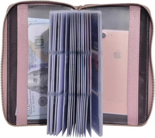 Vista 4 de Easyoulife - Billetera con cierre de mujer, tarjetero de cuero, cartera con cremallera, bloqueo RFID rosado (Bean Pink)