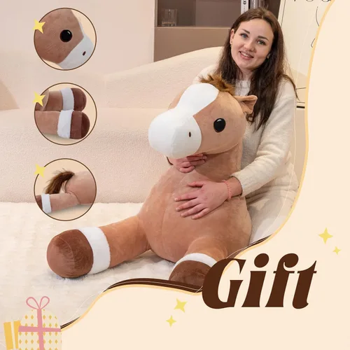 Vista 4 de Animales de peluche de caballo gigante, almohada de peluche grande de caballo grande, poni de peluche grande y suave de 37 pulgadas, lindos juguetes