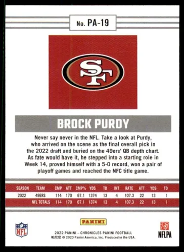 Vista 2 de Panini Chronicles Panini #19 Brock Purdy San Francisco 49ers RC Rookie Card - Tarjeta oficial de fútbol de la NFL en estado crudo (NM o mejor)