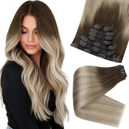 Vista 63 de Full Shine Extensiones de Cabello Rubio con Clip Reflejos Cabello Humano Extensiones con Clip Rubio Ceniza Mezcla Rubio Decolorado PU Extensiones