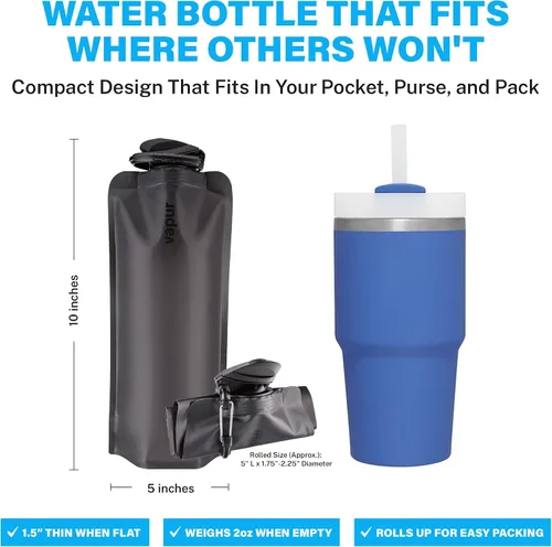 Vista 4 de Vapur Botella de Agua Plegable con Mosquetón, Botella Compacta que se Pliega Completamente para Hidratación en Movimiento, Ideal para Viajar