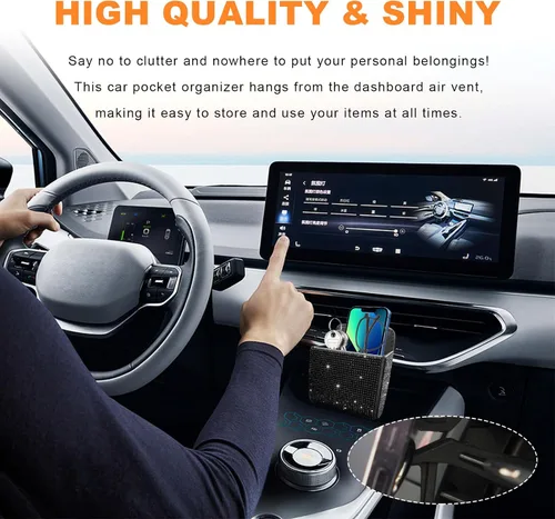 Vista 4 de Dickno Organizador de Coche, Bolsillo de Cuero con Diamantes de Imitación para Rejilla de Ventilación, Caja Automotriz Brillante con Gancho, Soporte