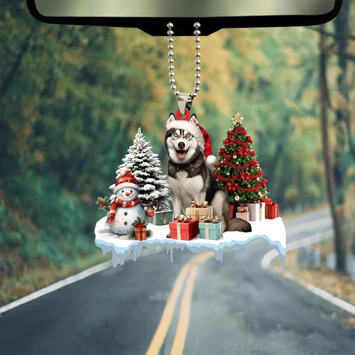 Vista 5 de Talataca Adorno de Navidad Plano 2D de Husky, Cajas de Regalo de Husky, Decoración de Árbol de Pino, Adorno Colgante de Casa para la Víspera