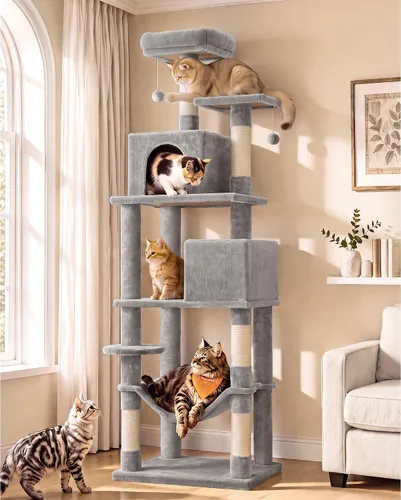 Vista 15 de Feandrea Cat Tree, 59.5-Inch Tall Cat Tower, Multi-Level Condo, Smoky Gray Gris ahumado (Smoky Gray)