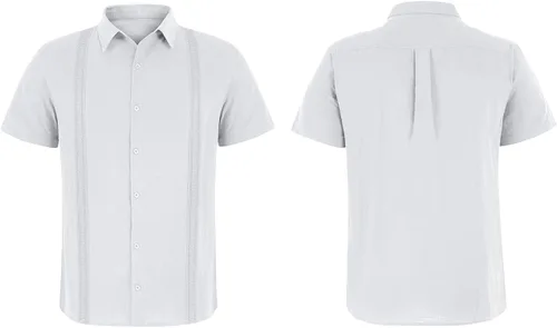 Vista 4 de Hestenve Guayabera - Camisas casuales de lino y algodón con botones de manga corta para hombre, camisa hawaiana cubana de verano, playa, trabajo