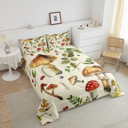 Vista 4 de Feelyou Lindo juego de ropa de cama de hongos kawaii tamaño individual para niños y niñas, decoración de hongos salvajes, juego de edredón