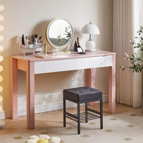 Vista 6 de IBUYKE Taburete de maquillaje cuadrado con pies ajustables y espacio de almacenamiento, silla reposapiés, asiento de tocador de PU, multiusos como
