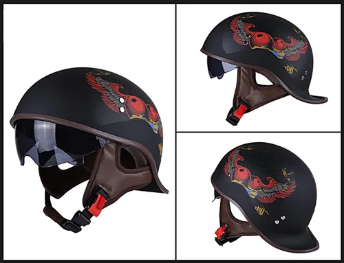 Vista 2 de Hanhua Medio casco de motocicleta para adultos, aprobado por DOT, para hombres y mujeres, estilo alemán con visera UV para scooter, ciclomotor