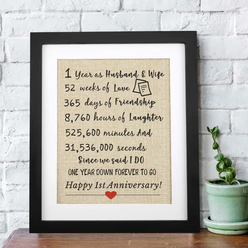 Vista 8 de Corfara Impresión enmarcada de arpillera para el primer aniversario, 11 pulgadas de ancho x 13 pulgadas de alto, 1 año como marido y esposa, regalos