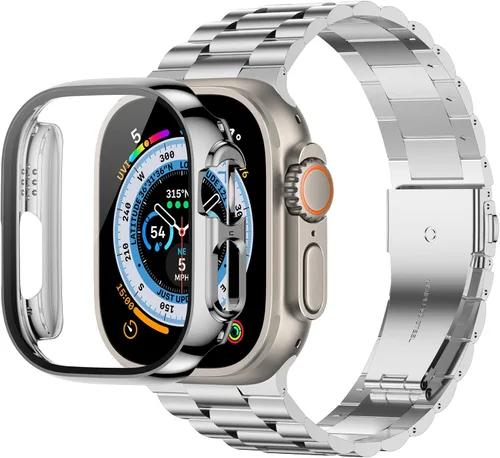 Vista 10 de baozai Compatible con Apple Watch Band de 1.654 pulgadas con funda, correa de acero inoxidable con protector de pantalla de vidrio templado