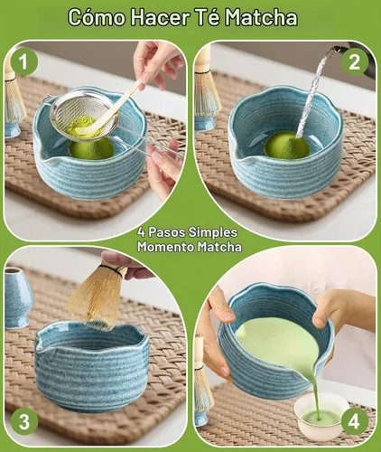 Vista 5 de JBER Juego de matcha con cuenco de cerámica de 17 onzas, batidor de bambú retro azul