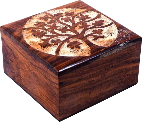 Vista 34 de Urna de madera antigua hecha a mano con grabado del árbol de la vida tallada a mano para mujeres y hombres, joyas Acentos de decoración del hogar