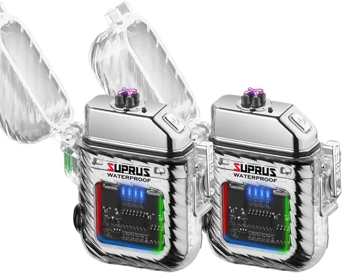 Vista 14 de SUPRUS Luminoso 3 modos de linterna resistente al viento, impermeable, encendedor eléctrico recargable de plasma de doble arco con silbato de Negro
