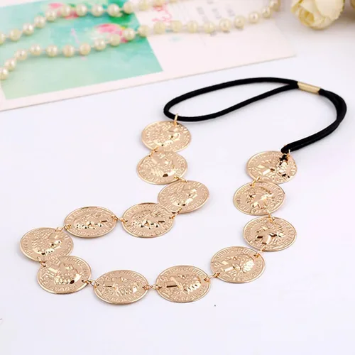 Vista 4 de Yalice Cabeza de moneda dorada, diadema elástica, diadema india, accesorios para el cabello de la frente de los años 20 para mujer