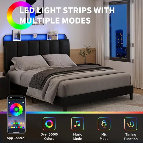 Vista 11 de BarnFurin Marco de Cama Tamaño Full con Cabecera Tapizada y Luces LED, Marco de Cama de Plataforma Full con Almacenamiento, Sin Ruido, No Requiere