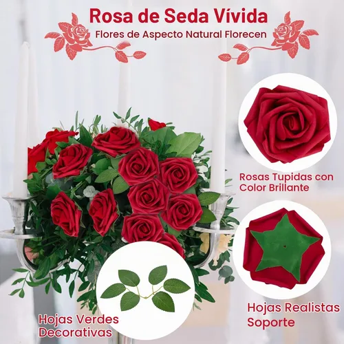 Vista 3 de 100 rosas artificiales de espuma roja oscura de aspecto real con tallos Rojo oscuro