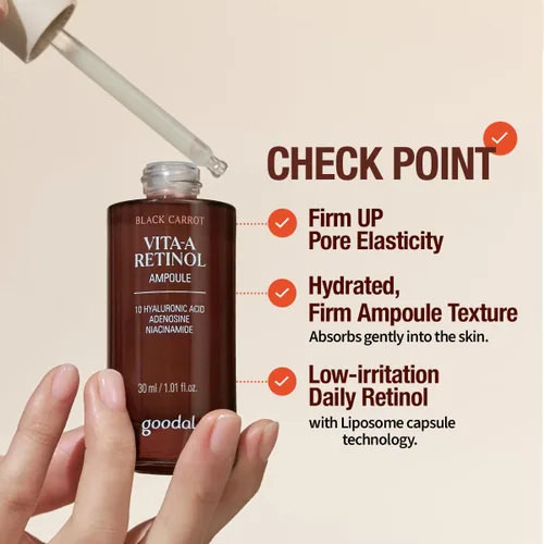 Vista 4 de GOODAL Black Carrot VITA-A - Ampolla de retinol de 1.0 fl oz, suero facial de hidratación para piel brillante, suero ligero, cuidado de la piel