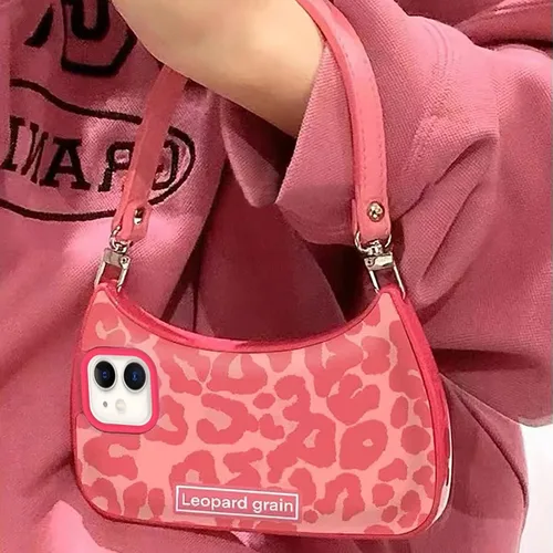 Vista 5 de Funda compatible con iPhone 11, bonita funda estética con estampado de leopardo rosa en forma de cartera con correa y cadena a prueba de golpes