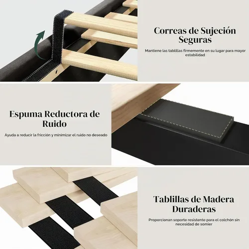Vista 6 de LUXOAK Estructura de cama tapizada tamaño Queen con cabecera capitoné Negro