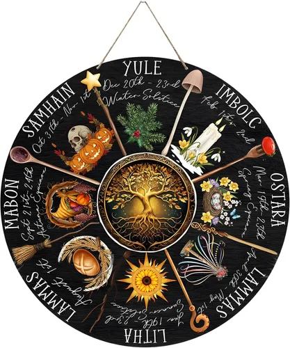 Vista 9 de Rueda del Año - Placa de madera de 30 cm, símbolos paganos de Sabbats, runas de brujas, tabla grabada en madera, vacaciones wiccanas, calendario