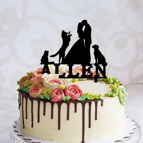 Vista 4 de Decoración para tartas de pareja con mascotas, dos perros y un gato, 5.9 pulgadas, acrílico, personalizable, fecha y nombre, novia y novio, tenedor