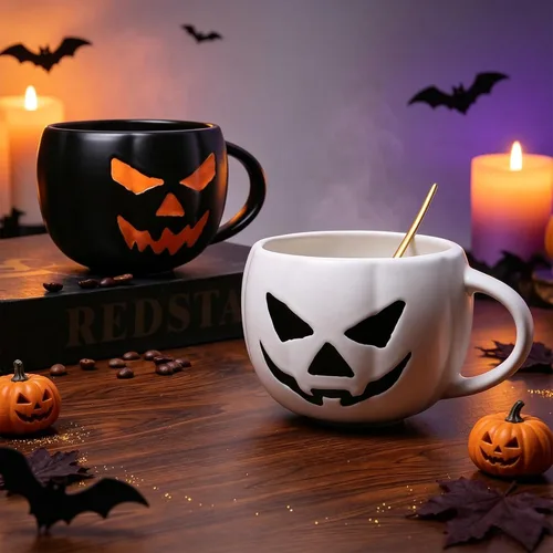 Vista 6 de Halloween Pumpkin Coffee Mugs Set of 2, 16oz Stoneware Coffee Cups