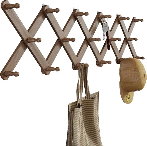 Vista 10 de OROPY Percha de pared de acordeón con 14 clavijas, perchero de madera nogal (Walnut Color)