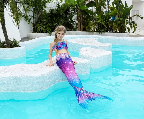 Vista 5 de DNFUN Colas de sirena para nadar para niñas, traje de baño de sirena con monoaleta