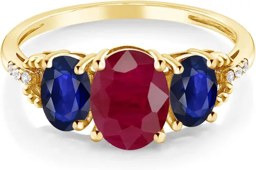 Vista 2 de Gem Stone King Anillo de compromiso ovalado de oro amarillo de 10 quilates con rubí rojo y zafiro azul para mujer 529 quilates piedra natal