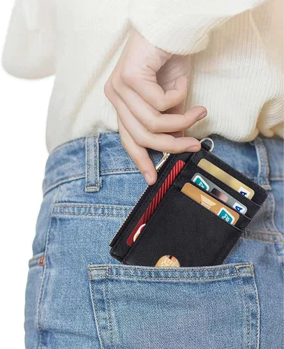 Vista 4 de Cartera delgada de bolsillo, bloqueo RFID, cartera con tarjetero con grillete en D y llavero desmontable para mujer, A-Negro, Moda