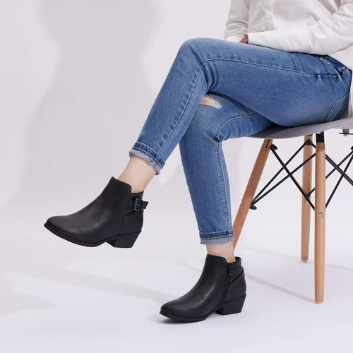 Vista 2 de VEPOSE botas al tobillo para mujer con tacón bajo y grueso, con perforaciones, botas de vaquero
