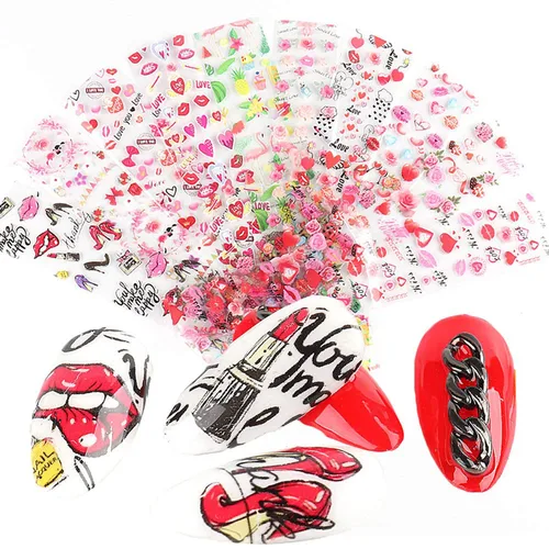 Vista 25 de Calcomanías de arte de uñas para el día de San Valentín, calcomanías de transferencia de arte de uñas, suministros de uñas, labios rosas, corazón