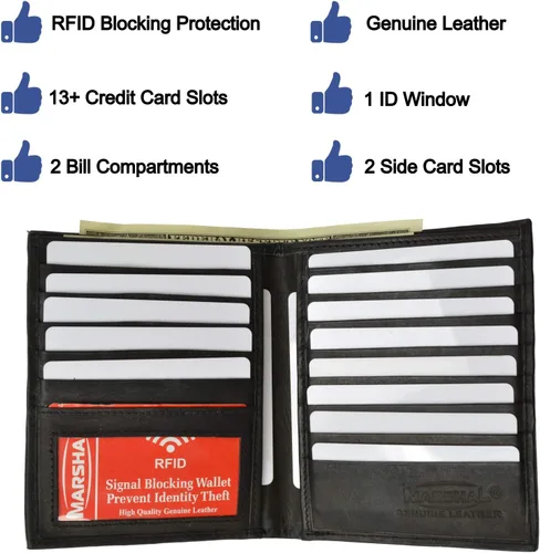 Vista 2 de MARSHAL Cartera de piel de alta calidad con bloqueo RFID de doble capacidad para tarjetas de crédito hipster, Negro -, Bifold