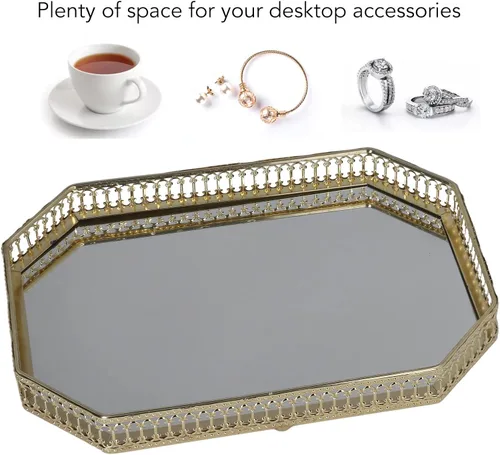 Vista 5 de Bandeja de espejo para mesa de té, plato decorativo grande, plato de fruta, bandeja de hierro dorado retro