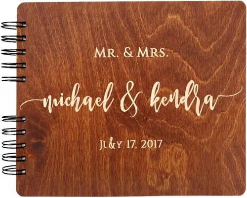 Vista 14 de Libros de invitados de boda de madera personalizados (11 x 8.5 pulgadas, tinte de madera de roble) con encanto rústico, álbum de fotos instantáneas