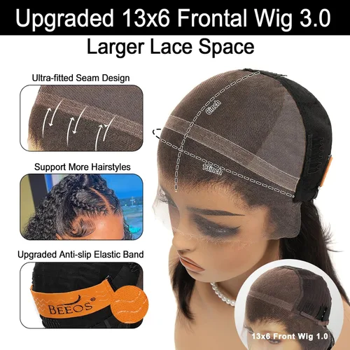 Vista 5 de BEEOS - Peluca frontal encaje HD 13x6 ondas corporales densidad 180% cabello humano nudos decolorados 18 pulgadas