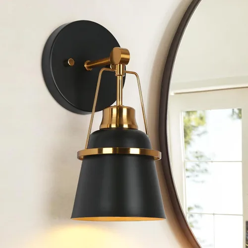 Vista 13 de Lámparas de baño de oro negro, modernas luces de tocador de granja sobre el espejo, 3 luces de cobre dorado con pantalla de metal y artesanía Negro