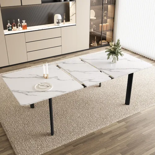 Vista 6 de HIPIHOM Mesa de comedor extensible para 6-8 personas, mesa rectangular de 63 a 78.7 pulgadas, MDF blanco con patas de metal resistentes, ahorro