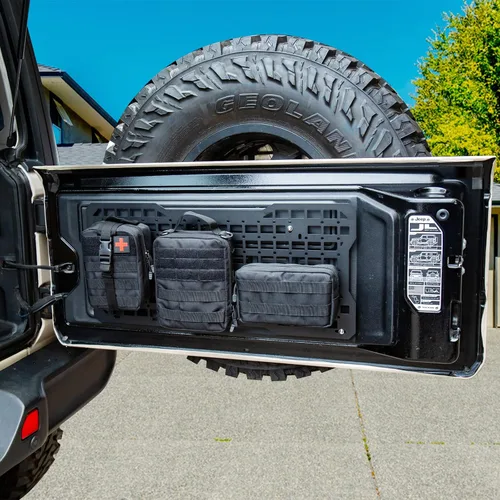 Vista 2 de Kit de organizador de carga para puertas traseras, panel Molle, placa de metal de almacenamiento interior con 3 bolsas de almacenamiento para Jeep