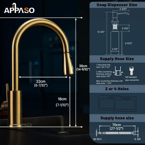 Vista 5 de APPASO Grifo de cocina dorado con dispensador de jabón, grifos de fregadero de acero inoxidable S304 de una sola manija con rociador desplegable