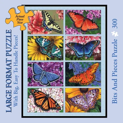 Vista 2 de Bits and Pieces Rompecabezas grande de 300 piezas para adultos – Mariposas y flores, mariposas, colcha – por la artista Marilyn Barkhouse