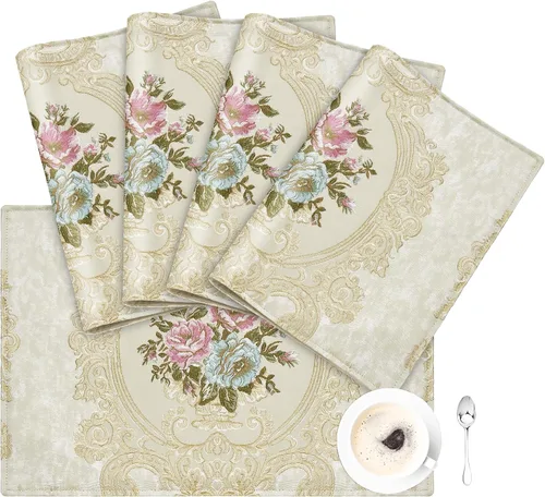 Vista 20 de Loom and Mill Juego de 4 Manteles Individuales de Damasco de Lujo, Manteles Individuales de Mesa Jacquard Beige Antideslizantes para Hogar Cocina