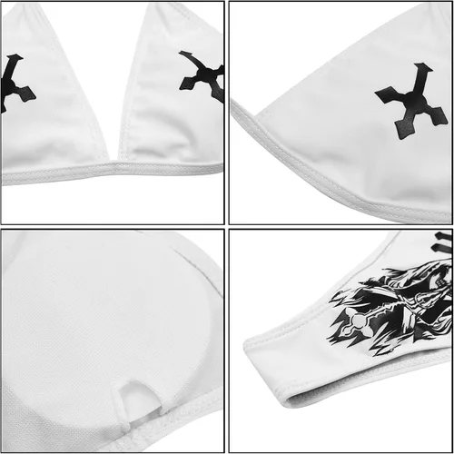 Vista 5 de AIBEARTY Traje de baño de dos piezas con estampado de calaveras para mujer, conjunto de bikini triangular de corte alto para fiesta, festival