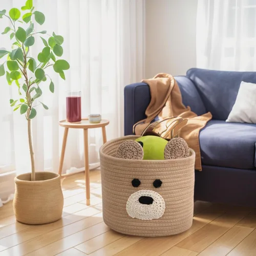Vista 4 de Cestas de lavandería Bear, cesta de almacenamiento con asas, cesta decorativa para sala de estar, cesta de almacenamiento tejida para juguetes